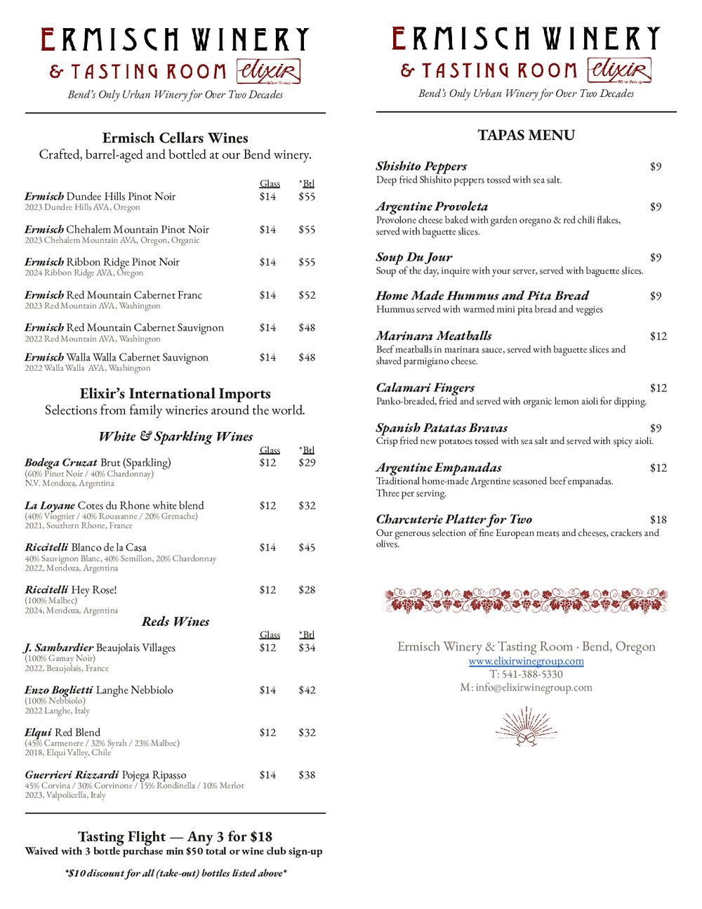 Ermisch Winery & Tasting Room current menu — wines and tapas